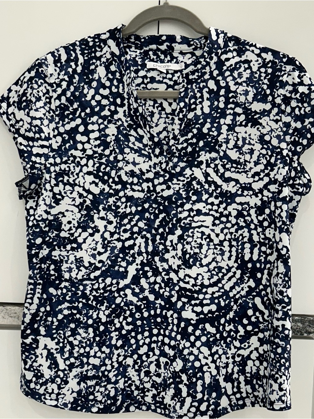 Chico's Navy & White Abstract Dot Cap Sleeve Top